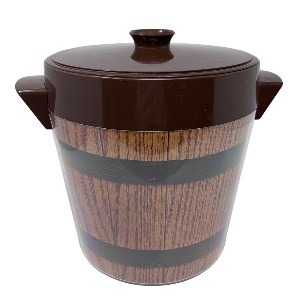 Dart Industries Old Oaken Bucket 1976‎ Ice Bucket Cooler Lid Handles Wood Grain